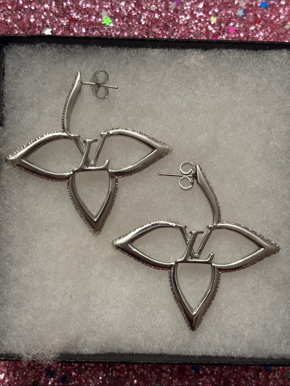 LV Silver Floral Monogram Drop Earrings